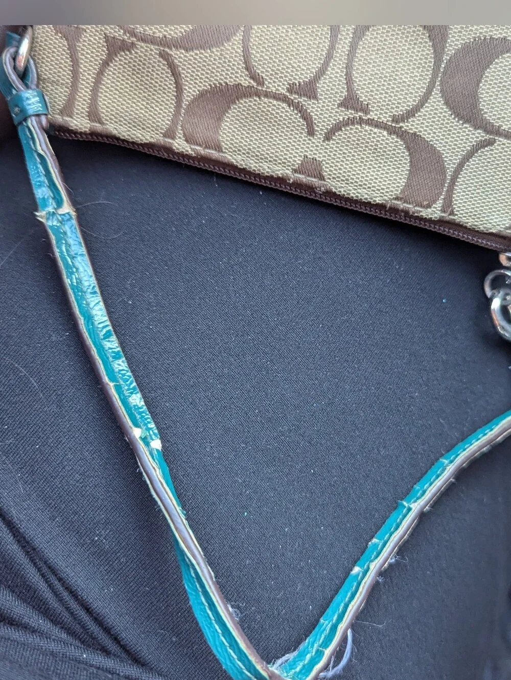 Coach Signature Canvas Wristlet in Beige with Teal Accent
